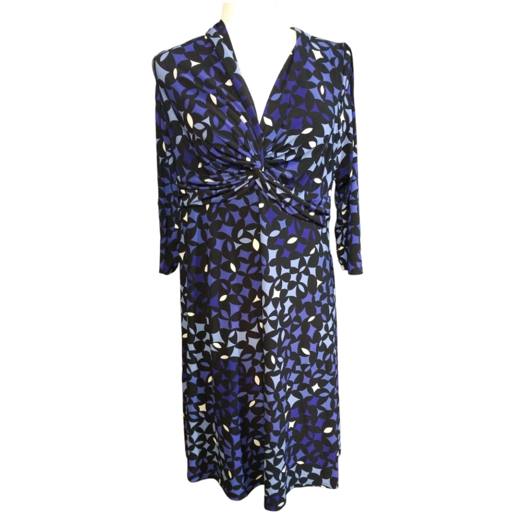 Anne Klein Dress V-Neck Geometric Blue  Black and White Size 1X